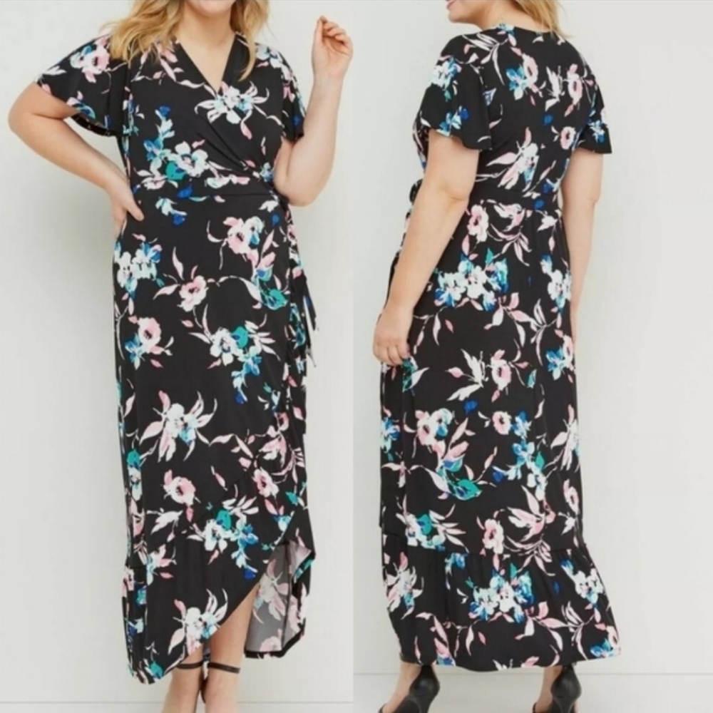 Lane Bryant High Low Floral Faux Wrap Tie Maxi Dress - Black Pink Ruffle Sleeves